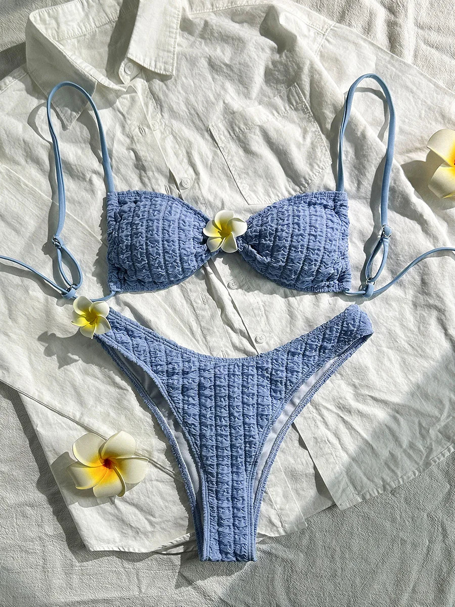 3D Flower Wrinkled Crinkled Bikini