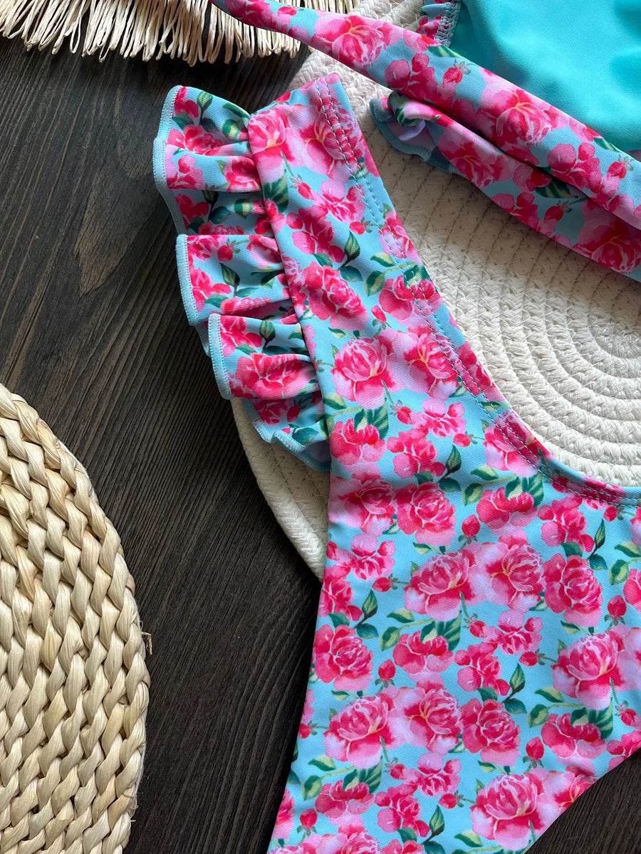 Flowers Print Ruffled Frilled Bandeau Bikini