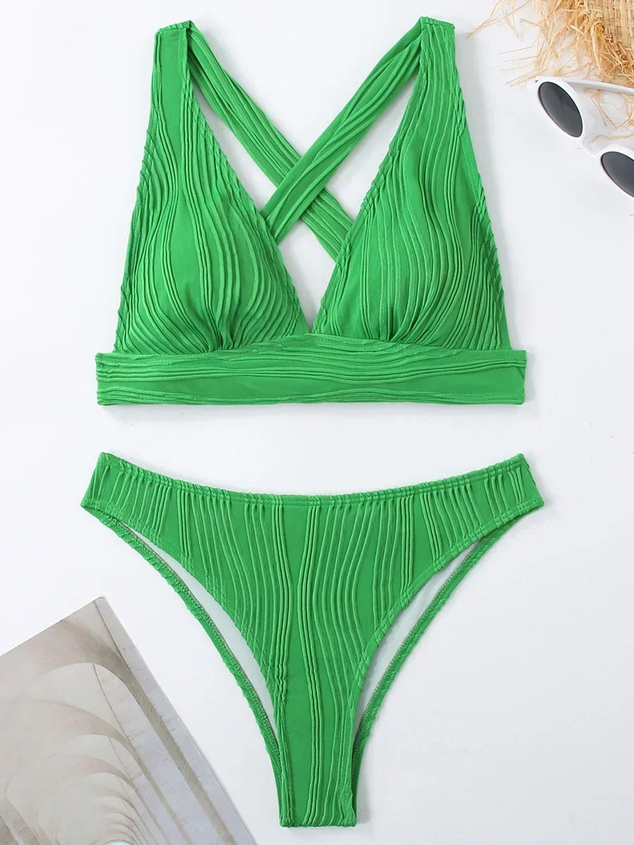 Wrinkled Crinkled Cross Back Bikini