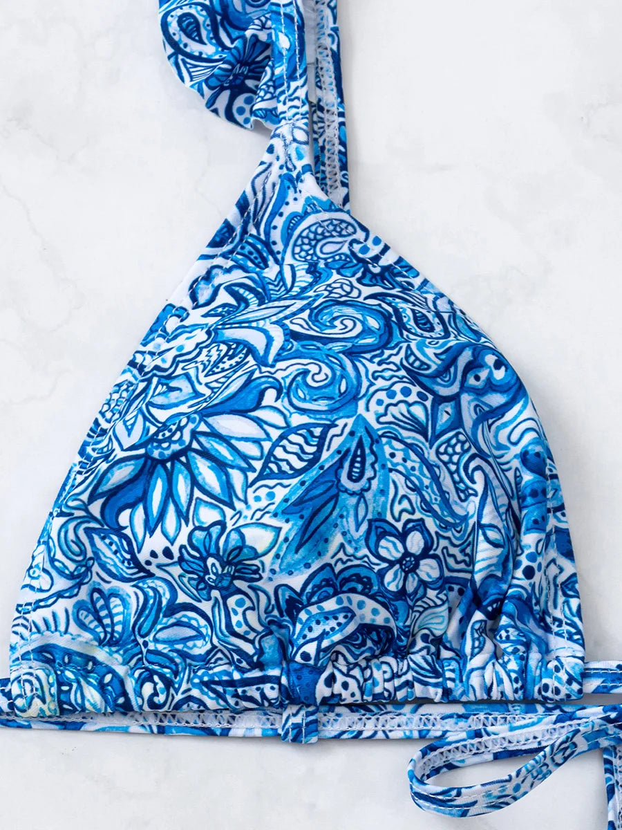 Floral Printed Ruffled Frilled Bikin Women Swimwear Female Swimsuit