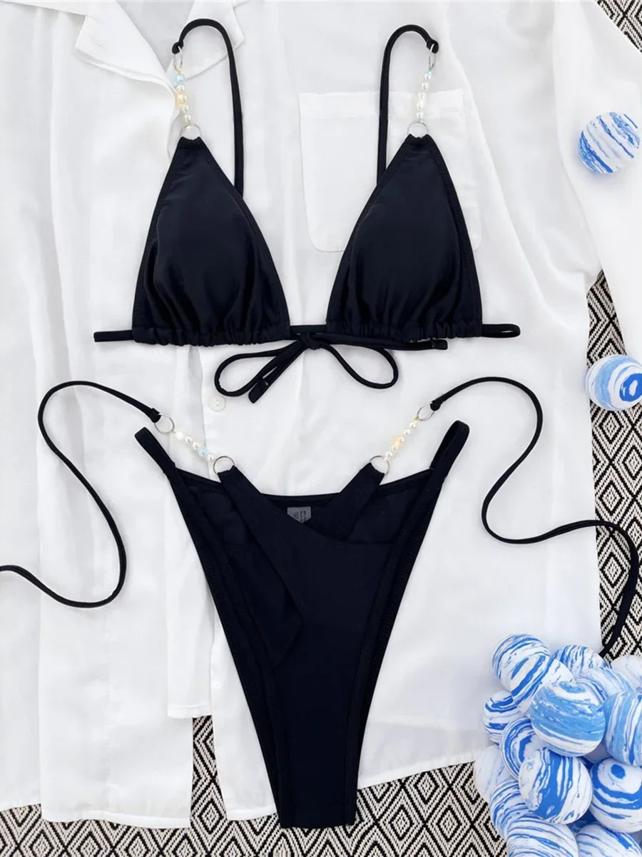 Sexy Halter Pearls High Cut Bikini
