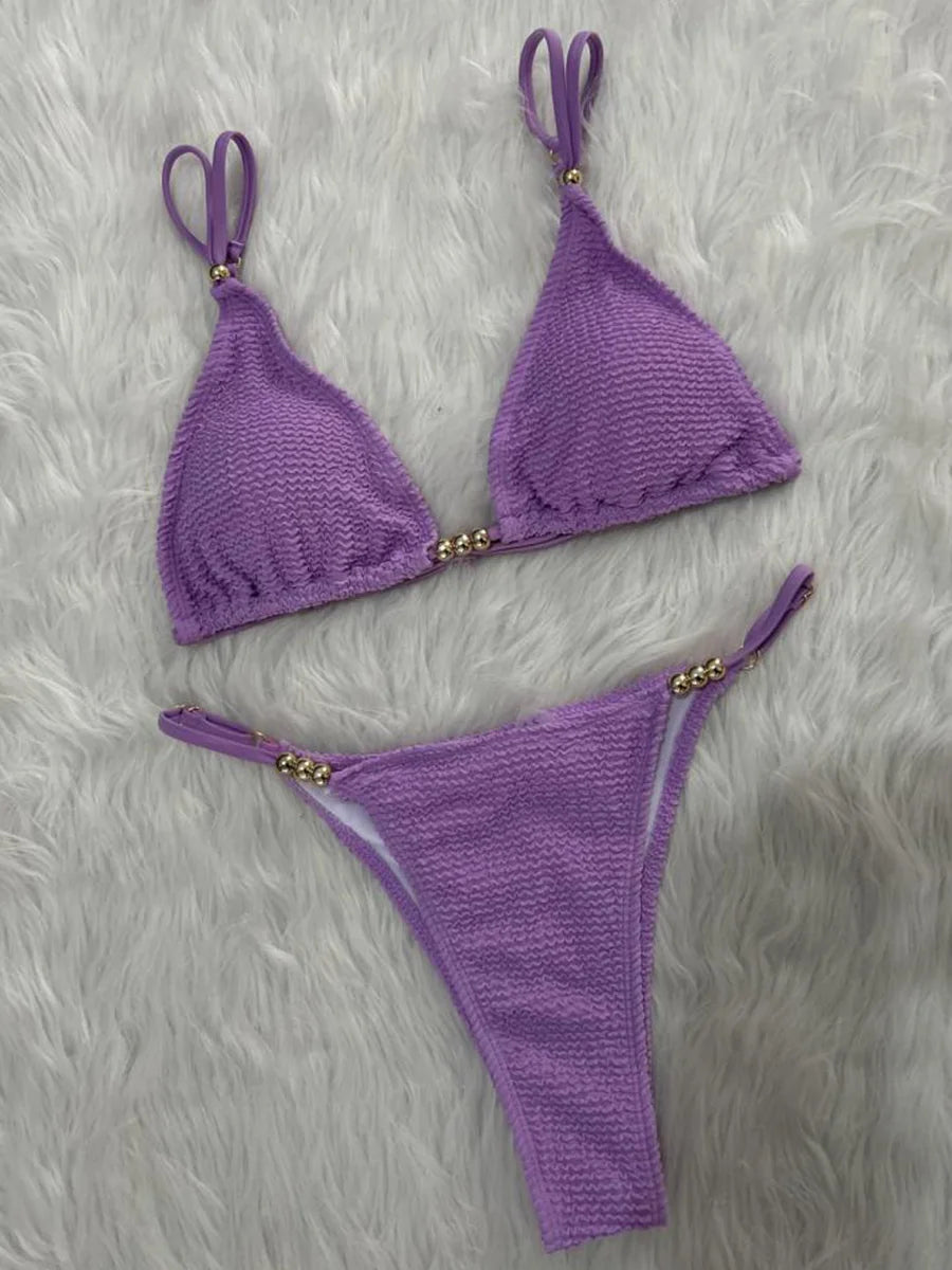 Wrinkled Pleated High Cut Brazilian Bikini