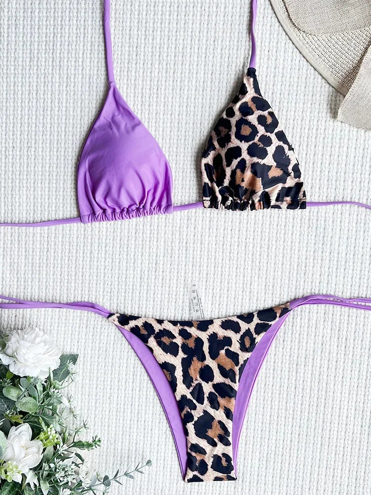 Halter Splicing Leopard Satin Bikini