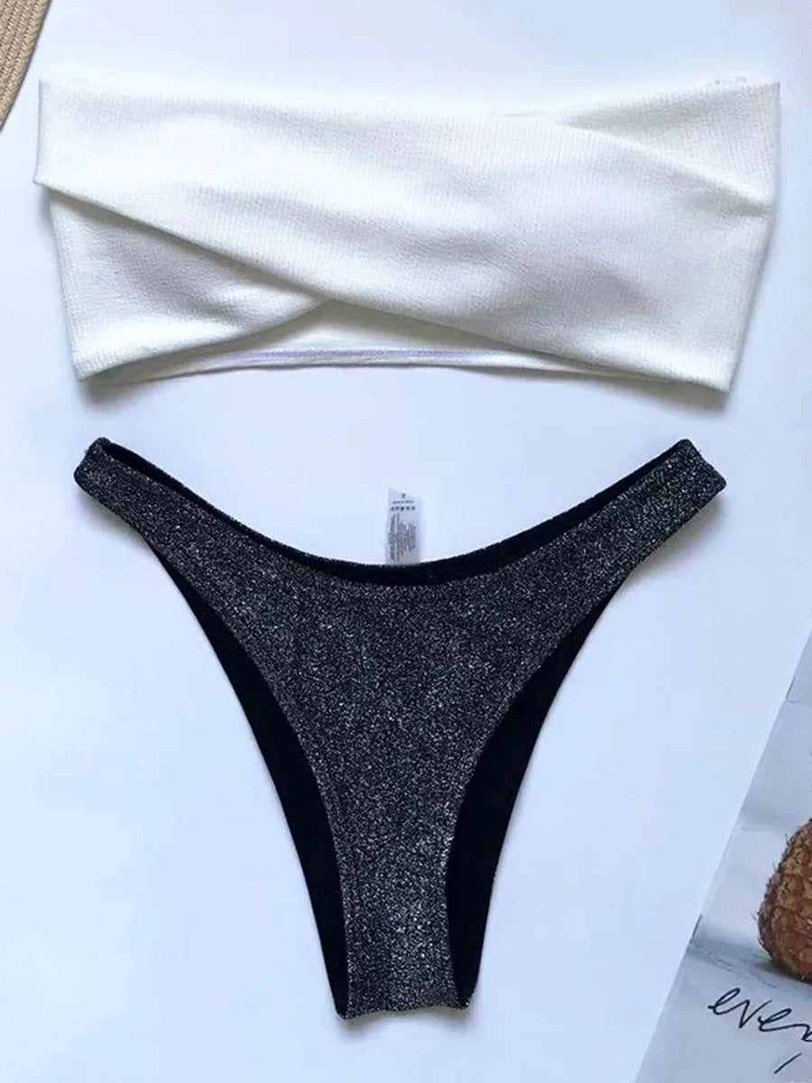 Sexy Sparkling Shiny Ribbed Bandeau Bikini