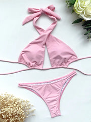 Solid Pink Balck Cut Out  High Neck Push Up Swimsuit