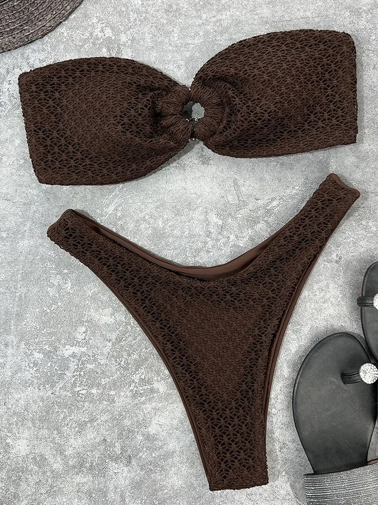 Wrinkled Fishnet Strapless Bandeau Bikini