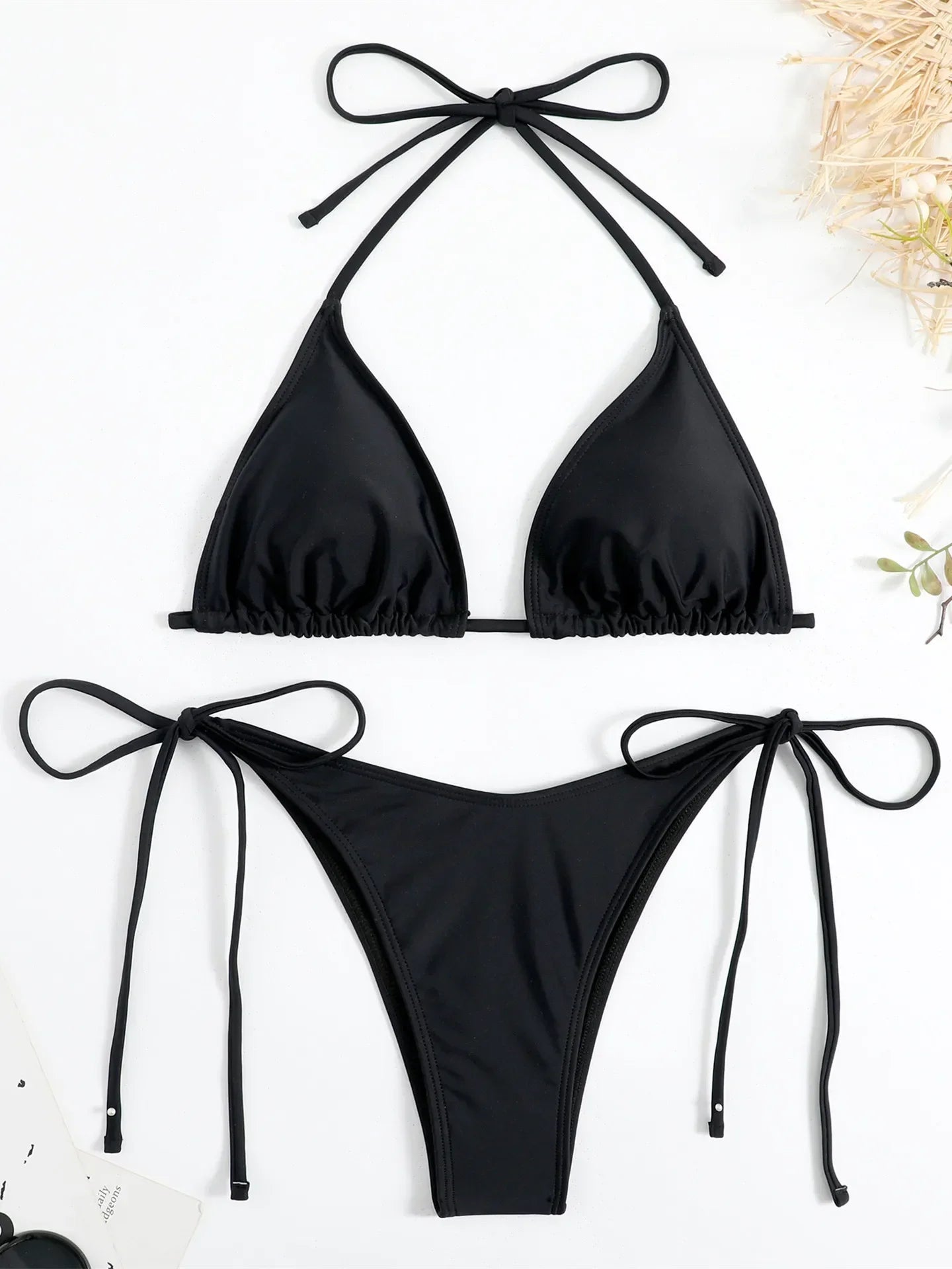 Solid Red Halter Push Up Bra Tie Side Triangle Swimsuit