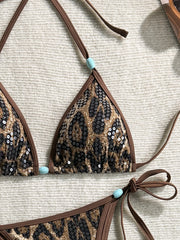 Sequin Brown Leopard Print Bikini Set