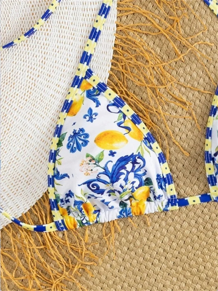 Sexy Blue Fruit Print Bikini Set