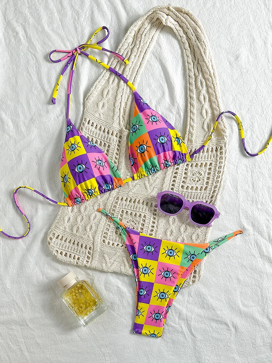 Colorful Printed Halter Bikini