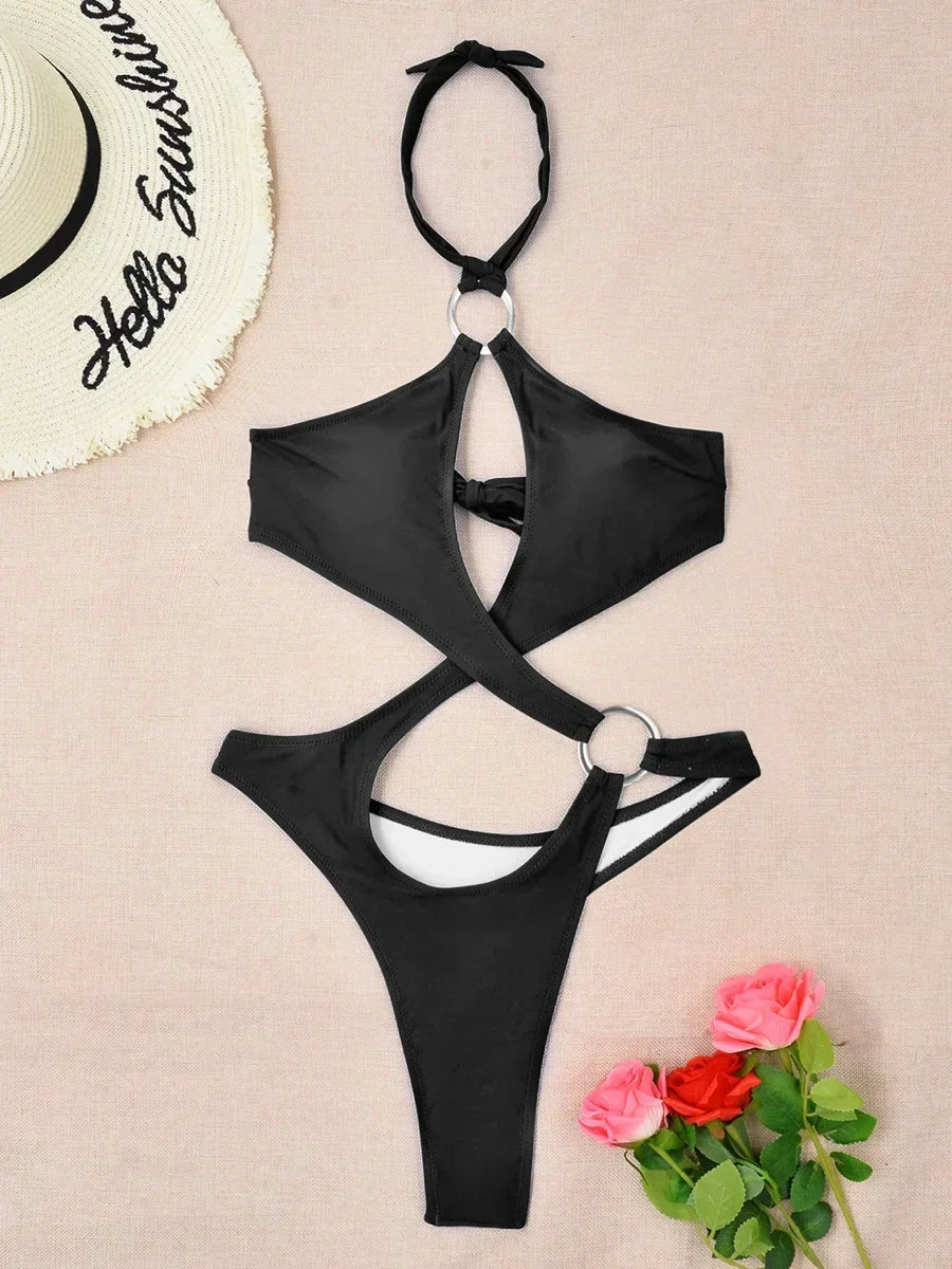 Sexy Tummy Cut Out Halter Women Thong Swimwear One Piece Swimsuit