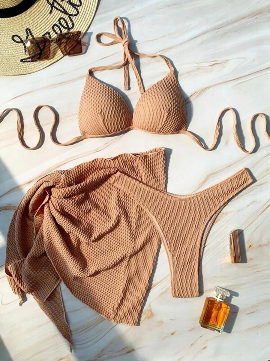 With Beach Sarong Bra Cup Wrinkled Bikini