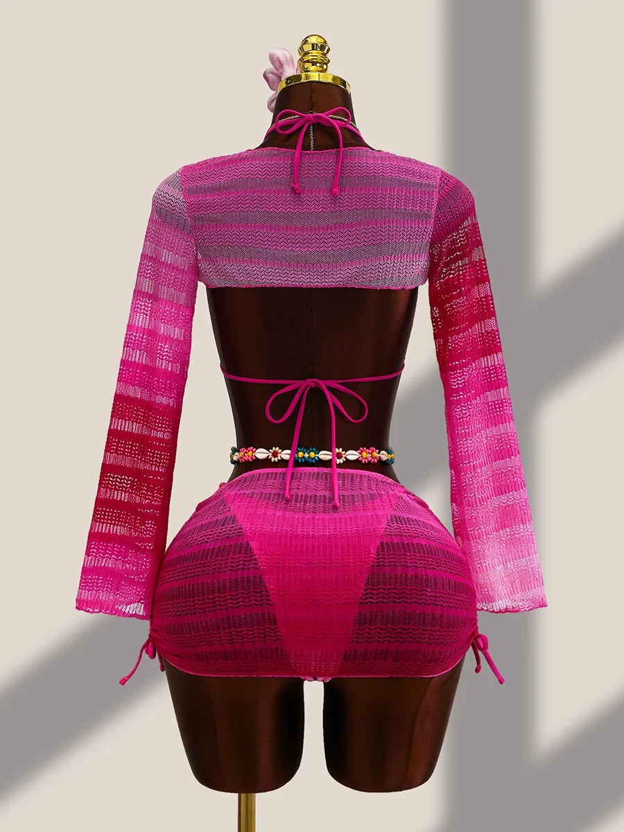 4PCS with Cover Up Skirt Gradient Knit Bikini