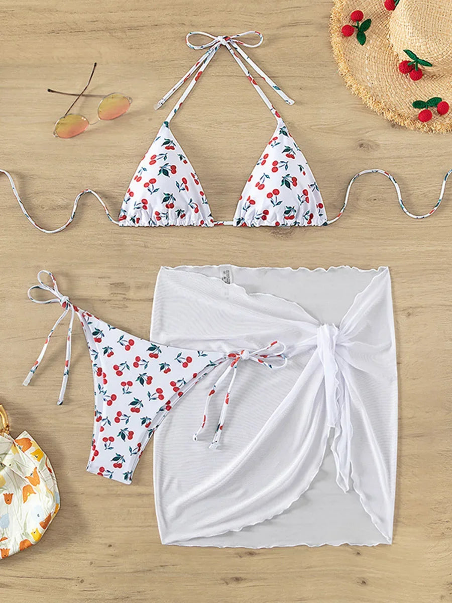 XS - L Cherry Print Halter Strappy Bikini
