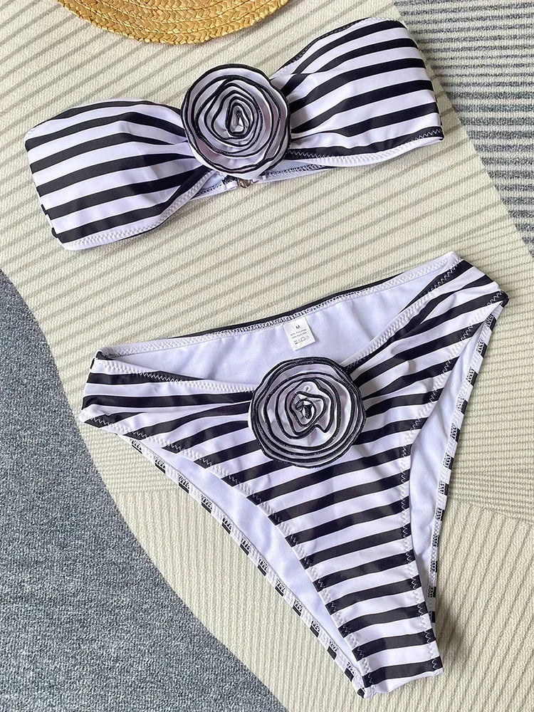 3D Flowers Striped Bikini