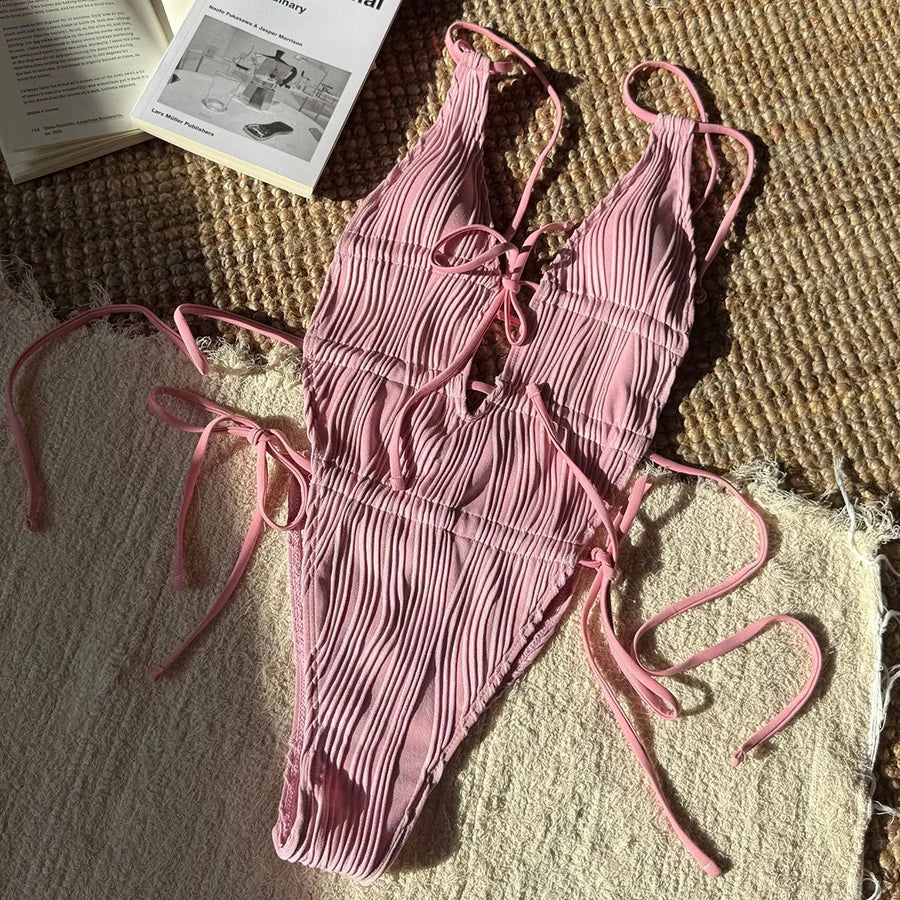 Deep V Neck Halter Wrinkled Female Swimwear One Piece Swimsuit