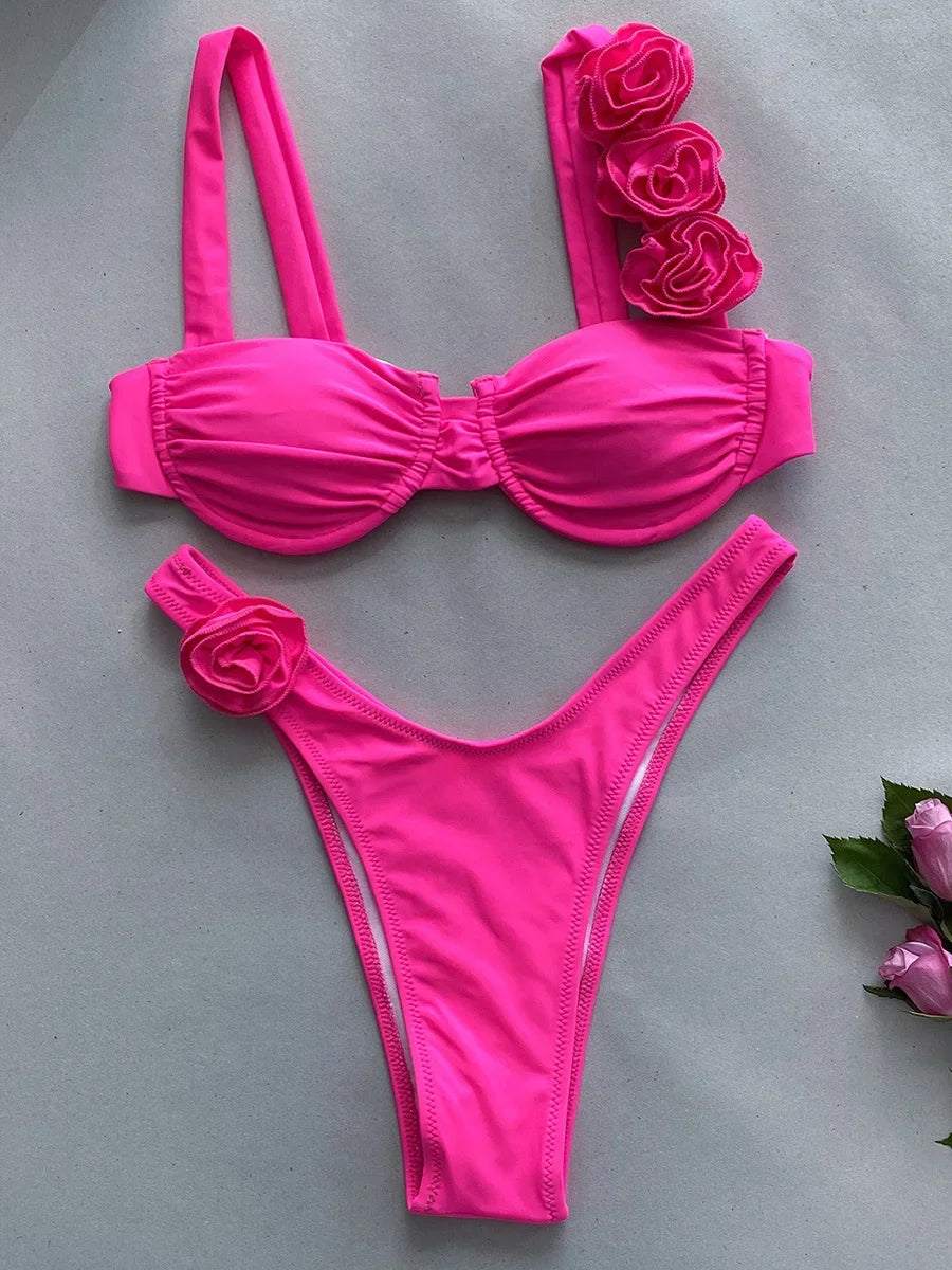 Sexy 3D Flowers Underwired Brazilian Bikini