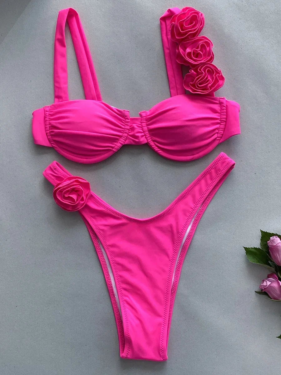 Sexy 3D Flowers Underwired Brazilian Bikini