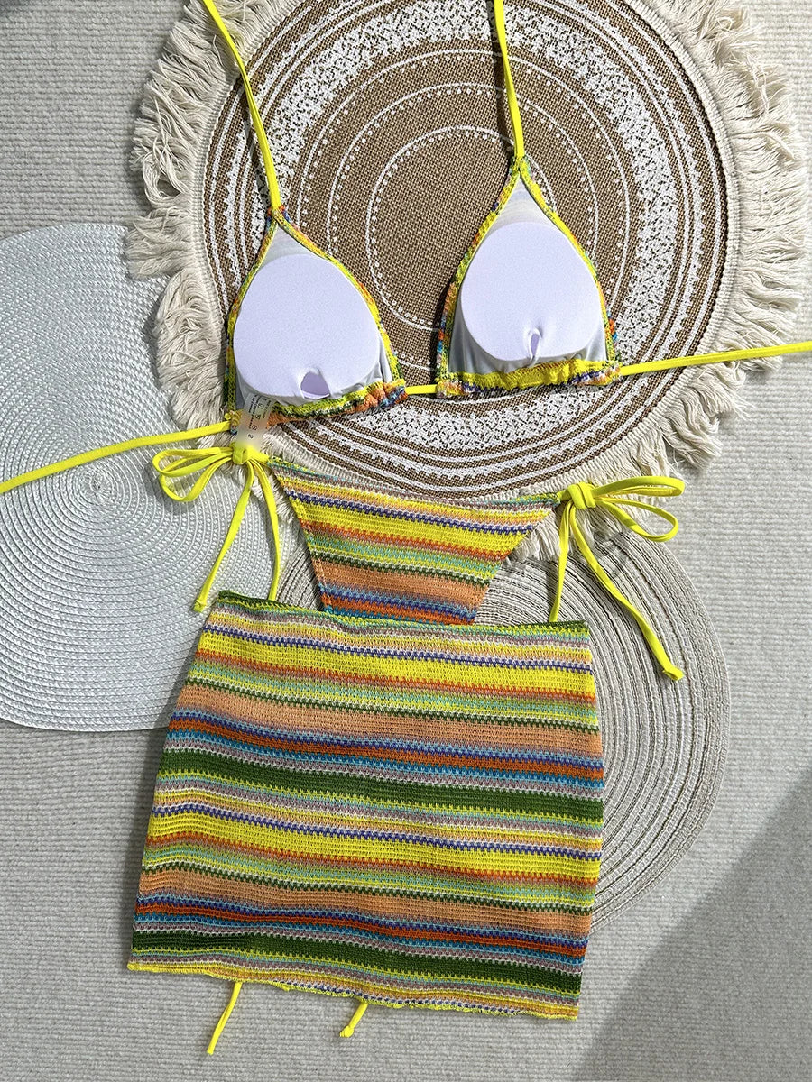 3PCS With Skirt Sarong Knitted Striped Bikini