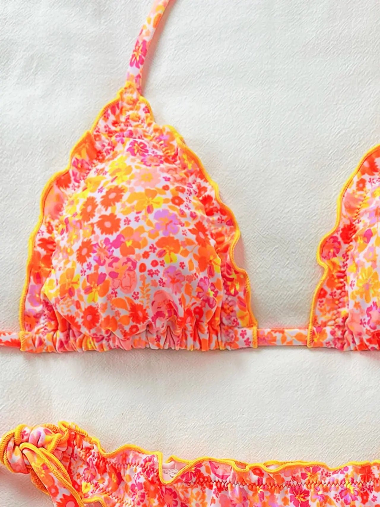 Cute Orange Floral Print Bikini Set