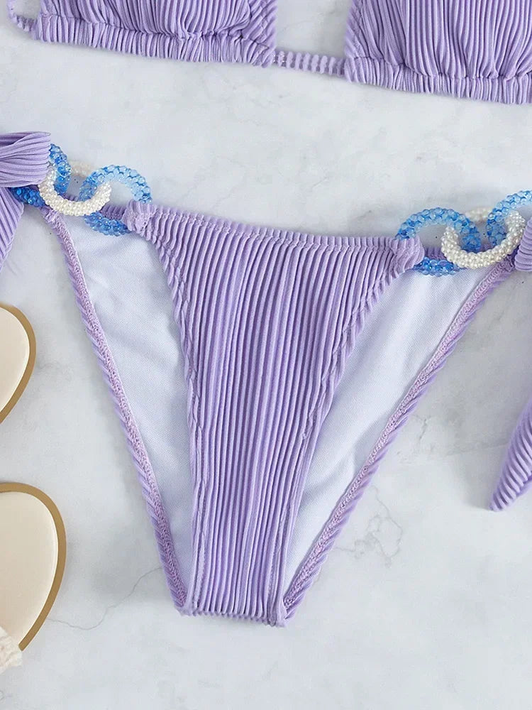 Sexy Halter Rings Ribbed Bikini