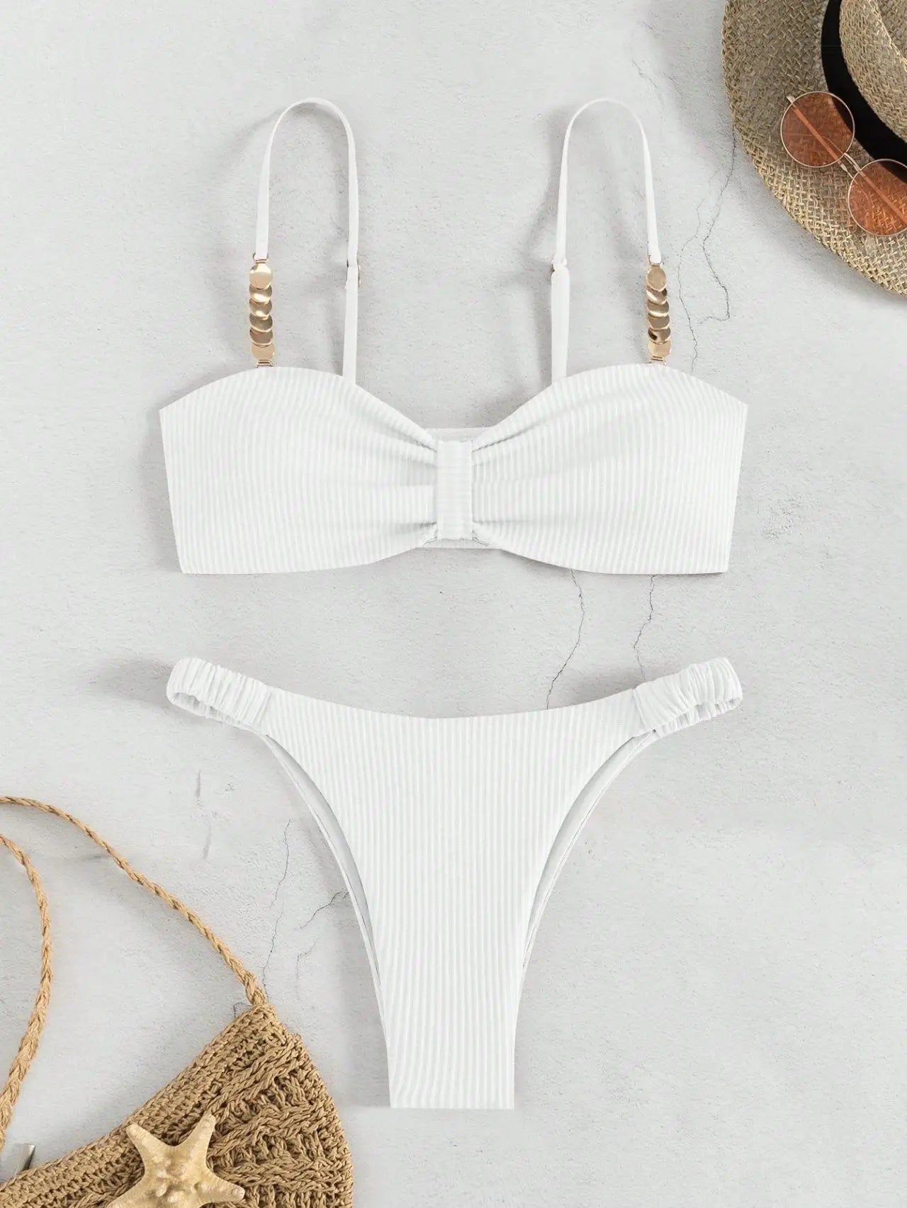 Front Knotted Metal Strap Ribbed Bikini