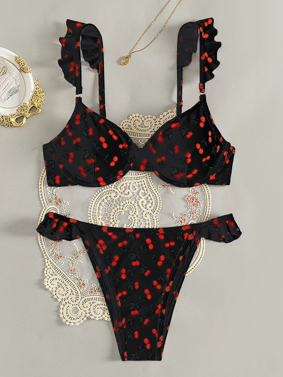 Cherry Printed Underwired V-bar Ruffled Bikini