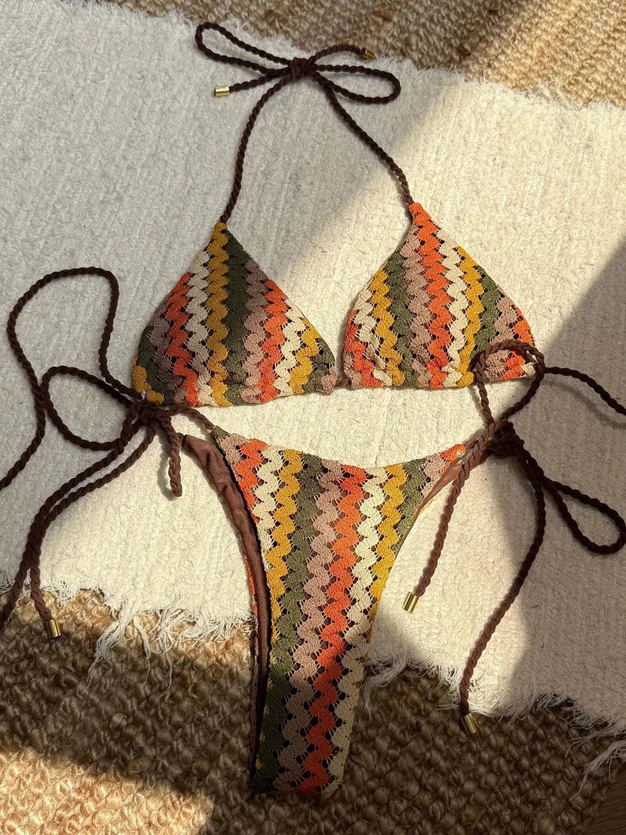 Contrast Mesh Halter Brazilian Bikini
