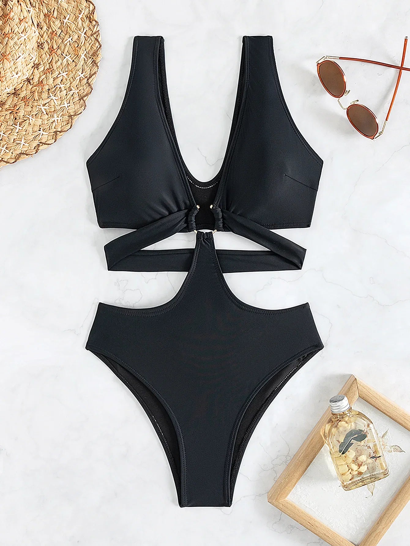 S - XL V Neck High Leg Cut One Piece Swimsuit