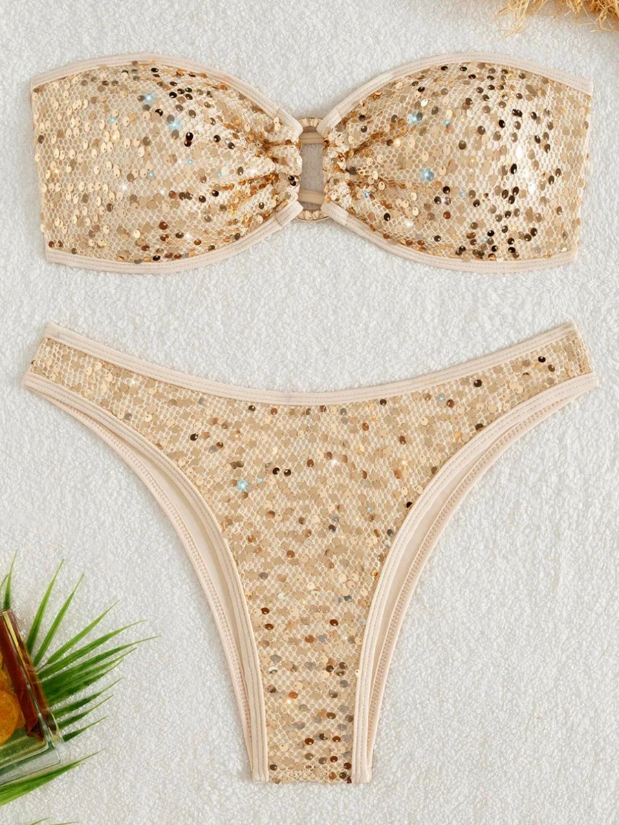 Glitter Sequins Fishnet Rings Bandeau Bikini