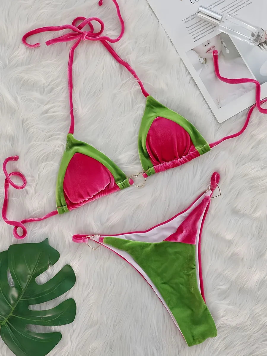 Splicing Halter Velvet Bikini