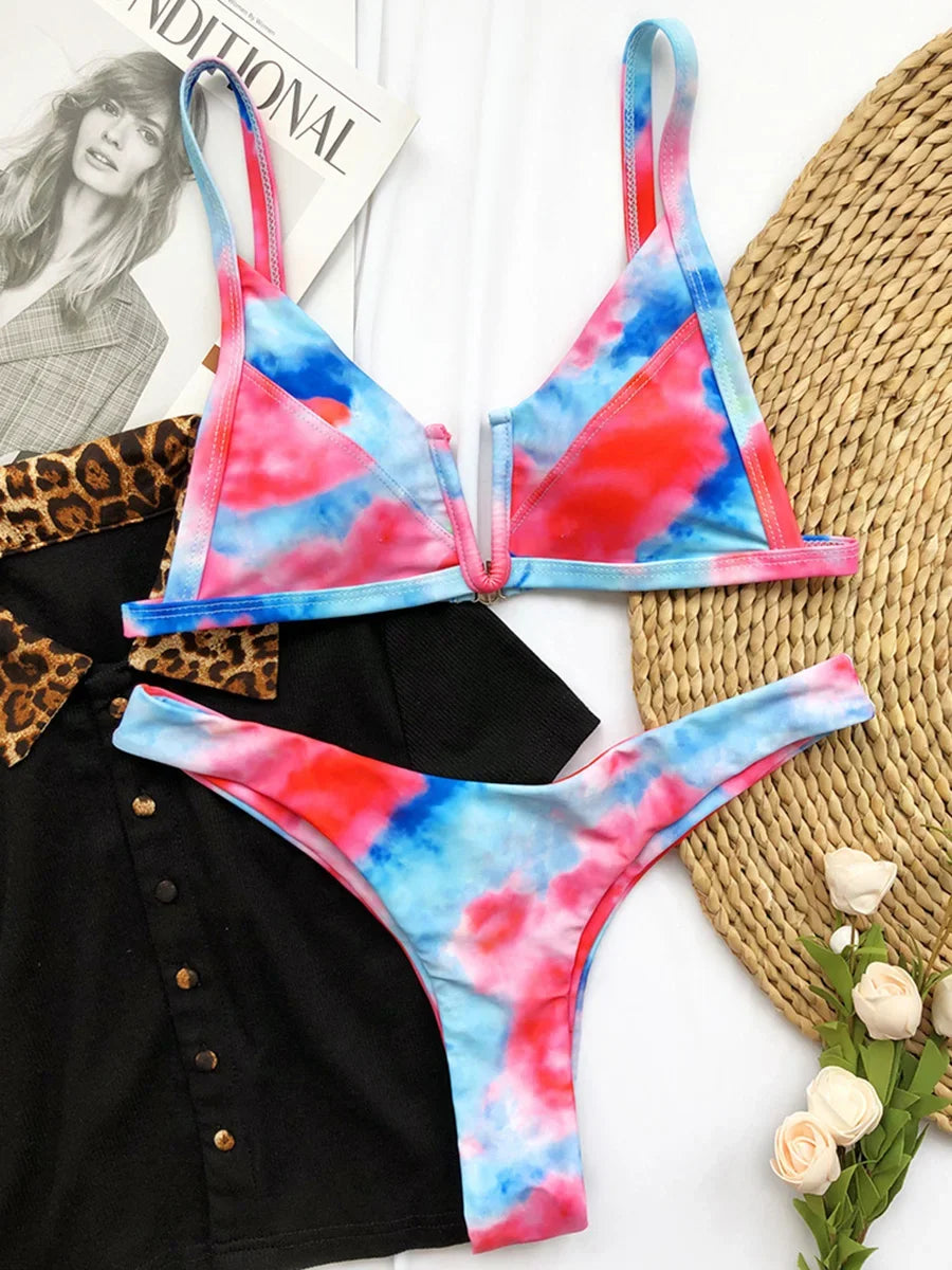 S - XL Splicing V Shaped Thong Bikini