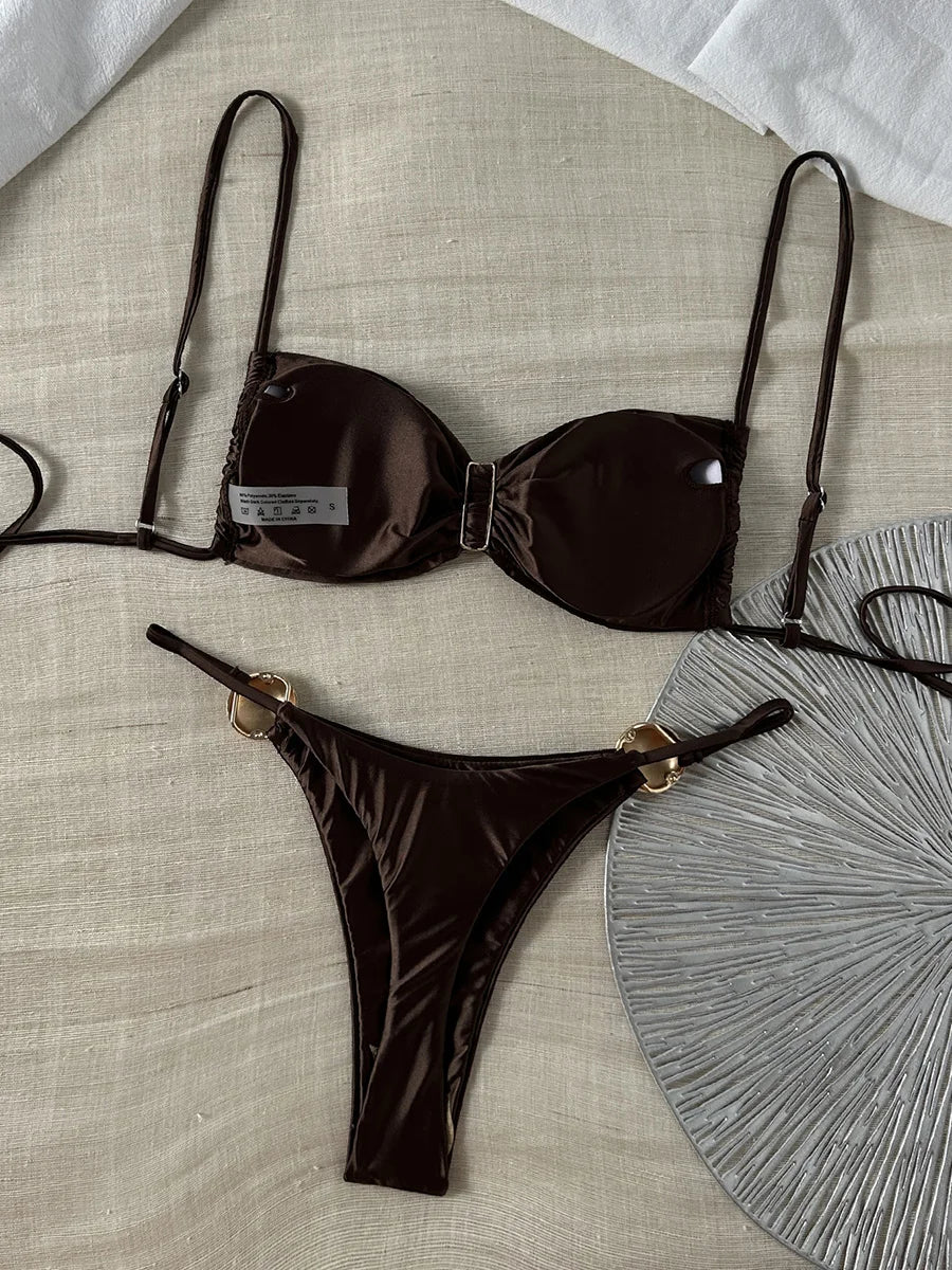 Metal Buckle Satin Bikini
