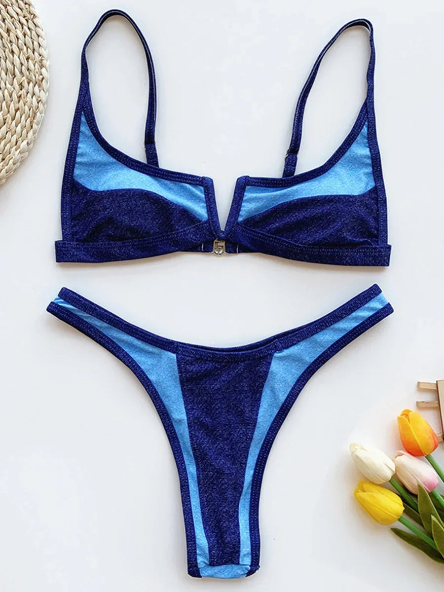 S - XL Splicing V Shaped Thong Bikini