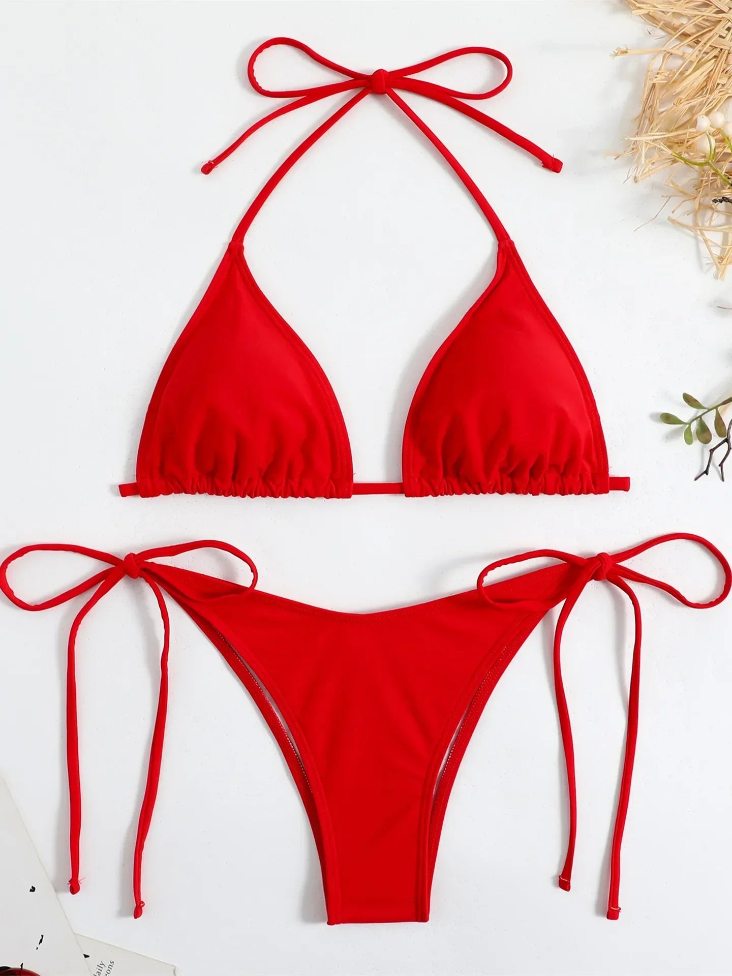 Solid Red Halter Push Up Bra Tie Side Triangle Swimsuit