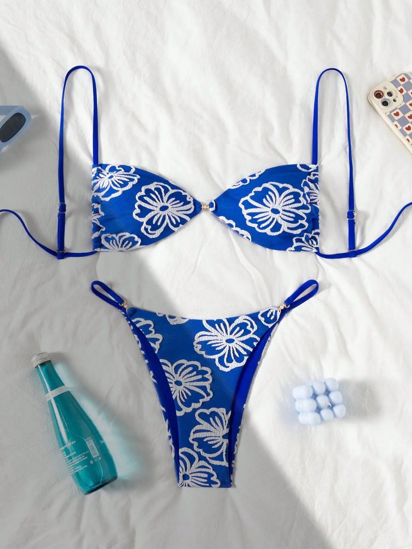 Sexy Blue Lace Flower Micro Bikini Set