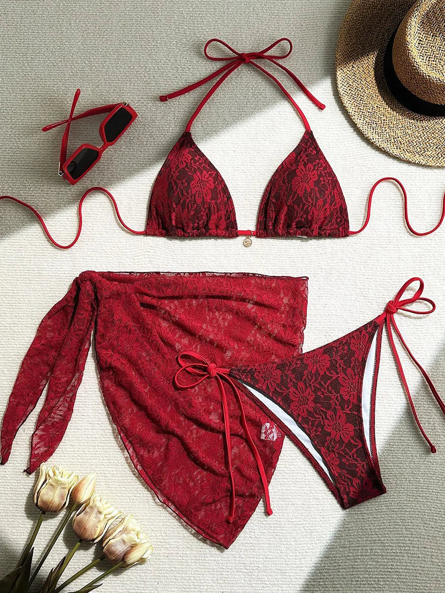 with Mesh Sarong Lace Halter High Cut Bikini