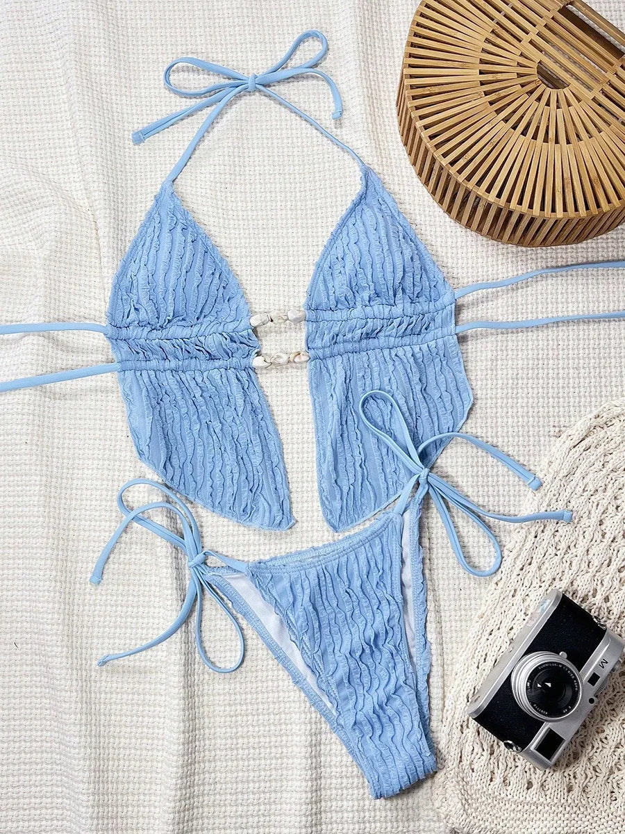 S - XL Wrinkled Tankini Halter Micro Bikini