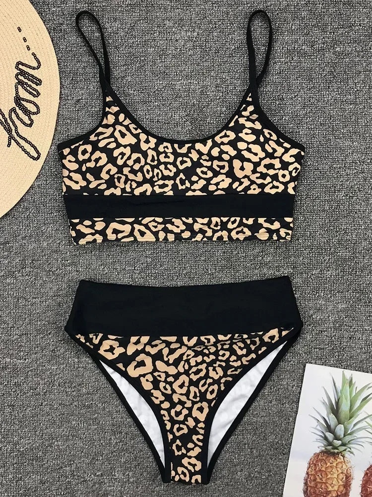 Splicing Leopard High Waist Bikini