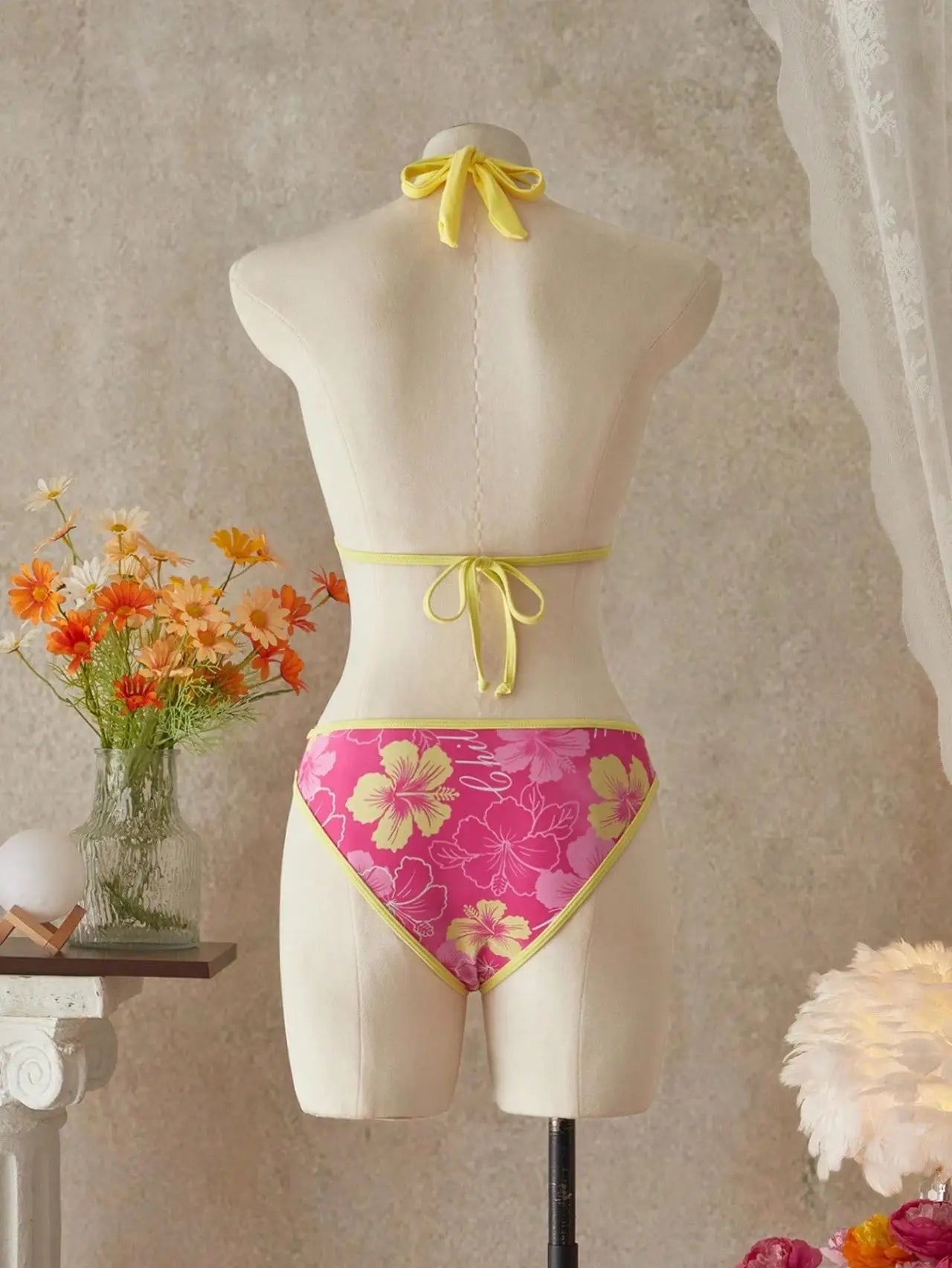 Vintage Pink Floral Print Contrast Bikini Set