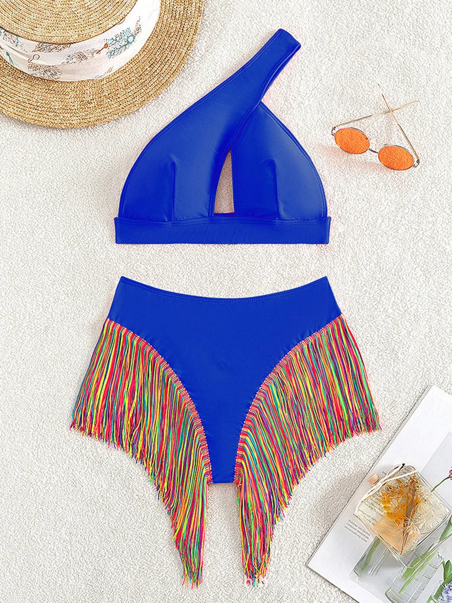 Fringe Tassel One Shoulder High Waist Bikini