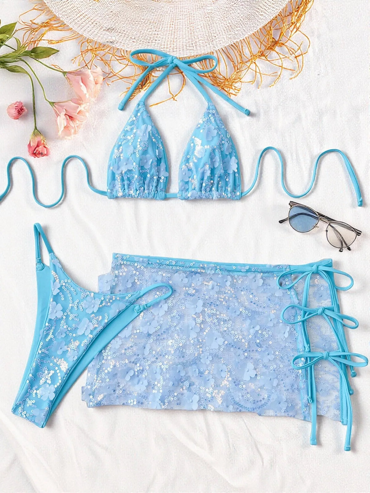 Shiny Sequin Pink Mesh Skirt 3 Piece Bikini Set