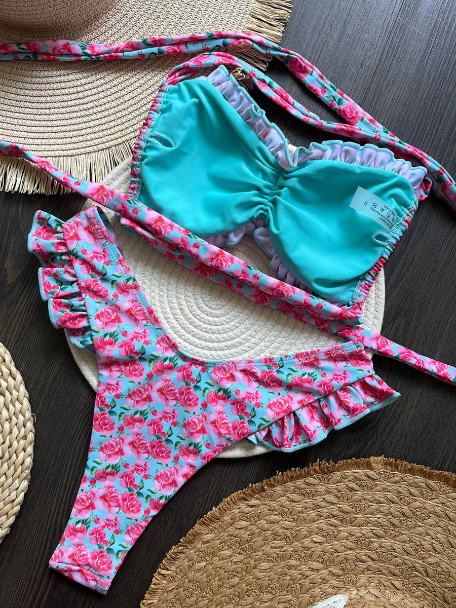Flowers Print Ruffled Frilled Bandeau Bikini