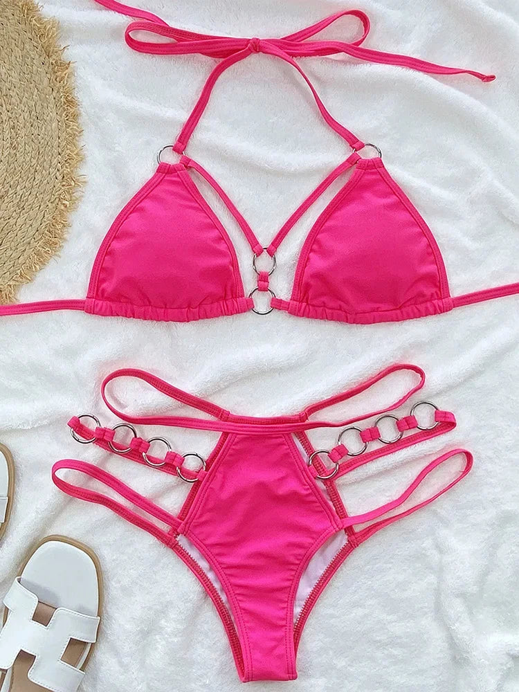 Sexy Halter Strappy Metal Rings Bikini