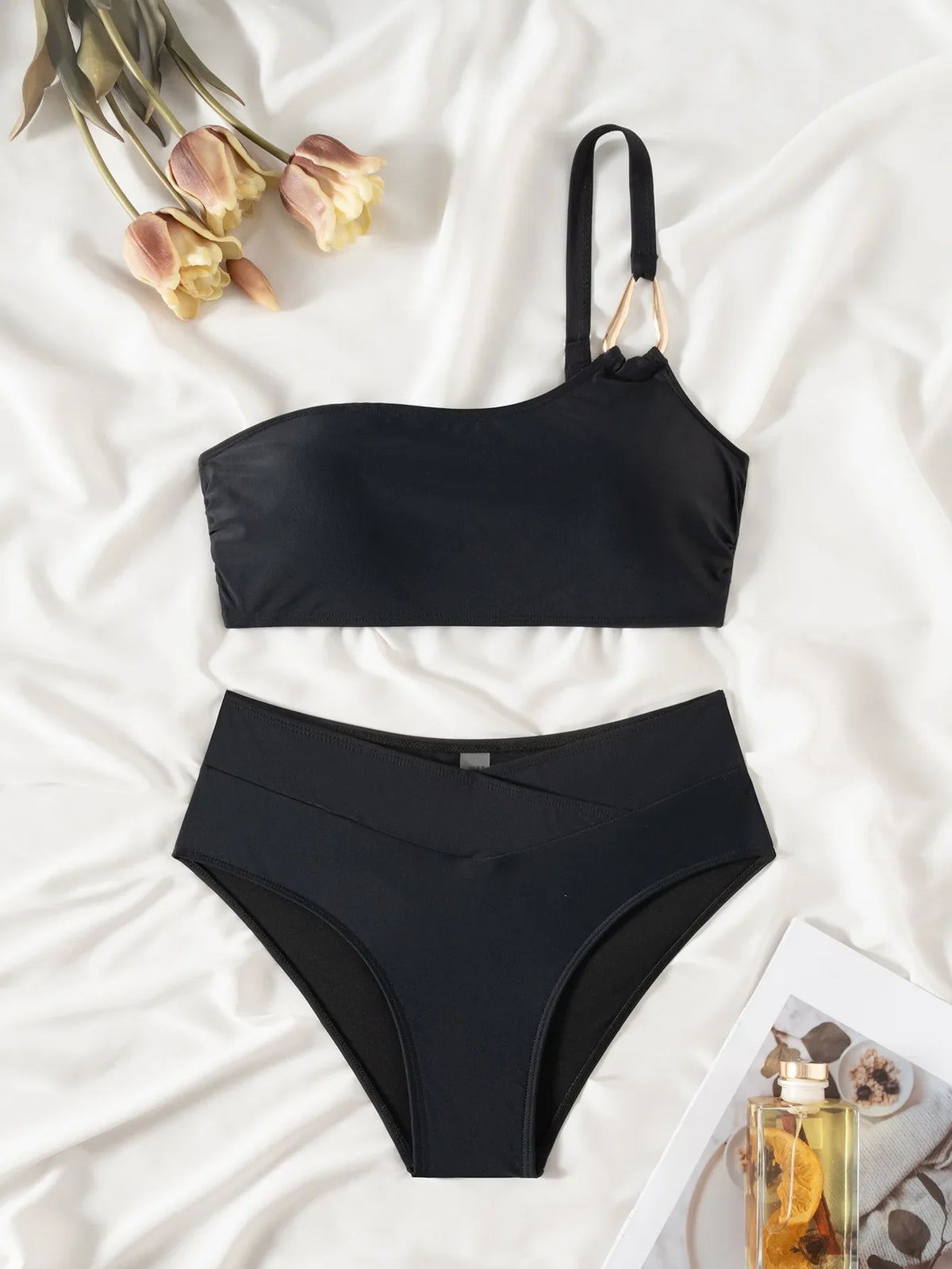Sexy Metal Buckle One Shoulder Bikini Set