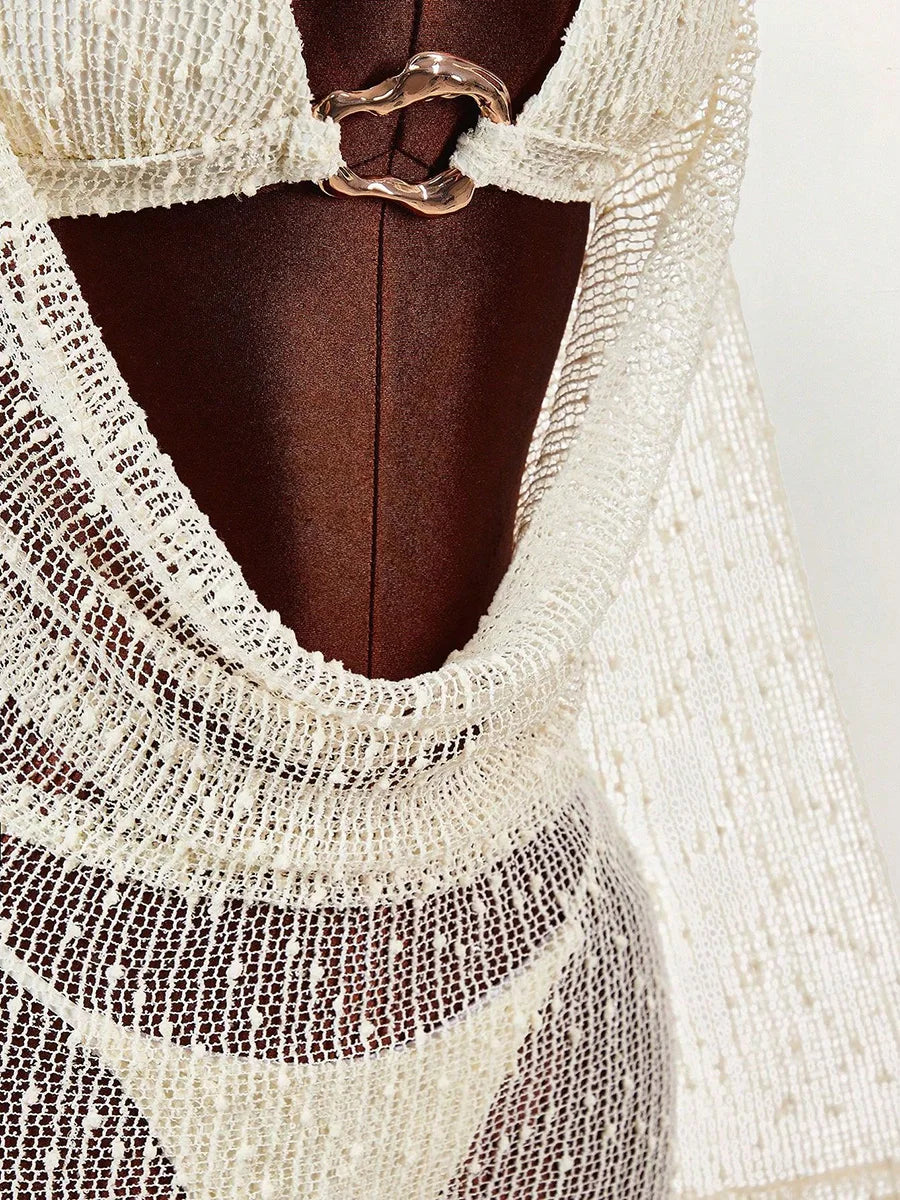 Long Sleeve Mesh Sheer Cover Up Halter Bikini