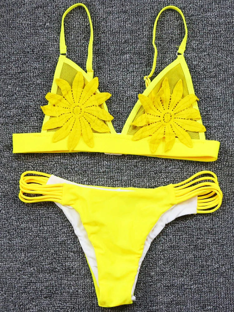 3D Flower Wrinkled Crinkled Bikini