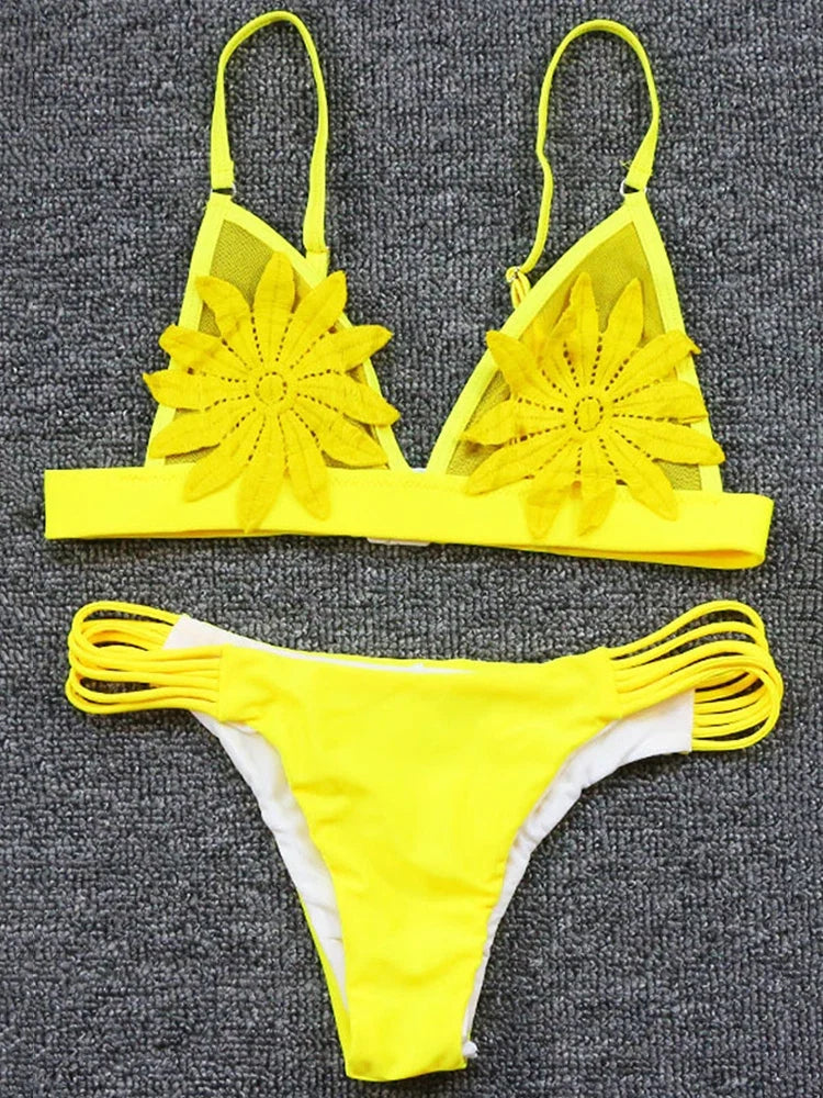 3D Flower Wrinkled Crinkled Bikini