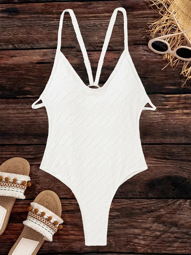 Wrinkled Criss Cross Backless Female Swimsuits