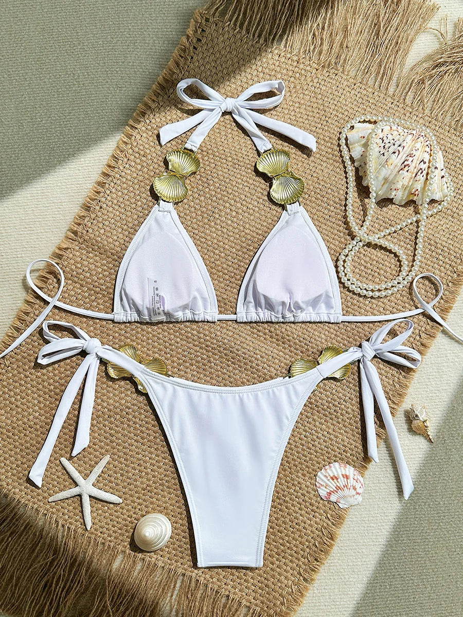 XS - L Metal Shell Halter Strappy Bikini